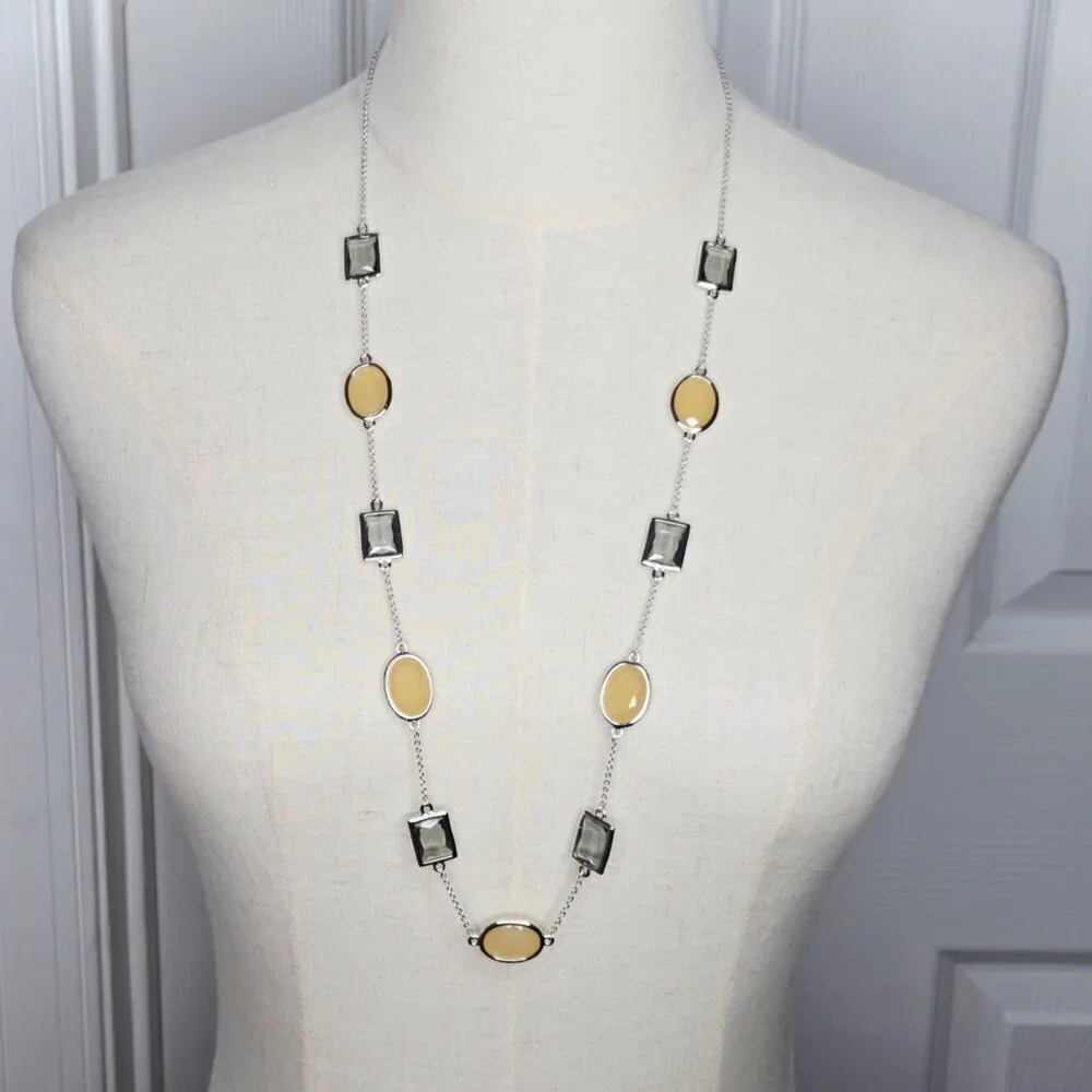 Kate Spade Hancock Park Glass Stones Yellow Gray Silver-Tone Long Chain Necklace